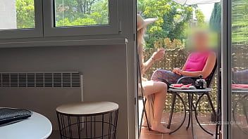Play My husband is jerking off and cum in front of my stepmom a while we talk on balcony.