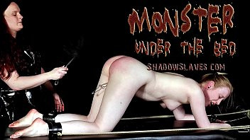 Play Lesbian slave Satine Spark stretchbank bondage and lezdom domination with clamps and suction cups